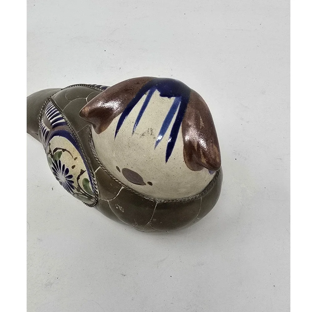 Vtg‎ Tonala brass and pottery owl figurine folk art blue white porcelain MCM